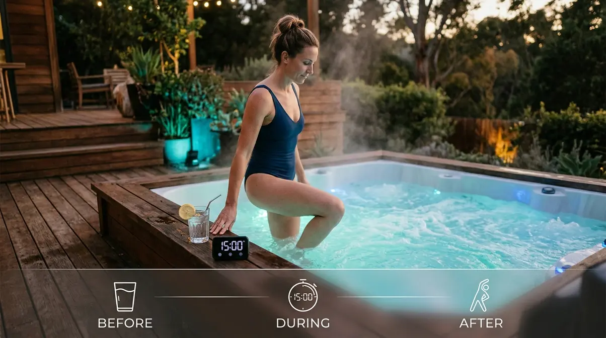 Hot tub user with water glass and timer on deck edge following a three-phase prevention protocol