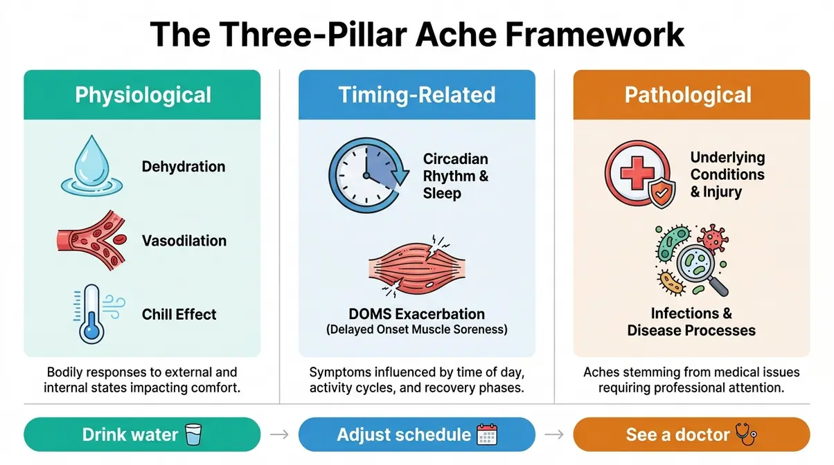 Three-pillar infographic showing physiological, timing-related, and pathological causes of hot tub body aches