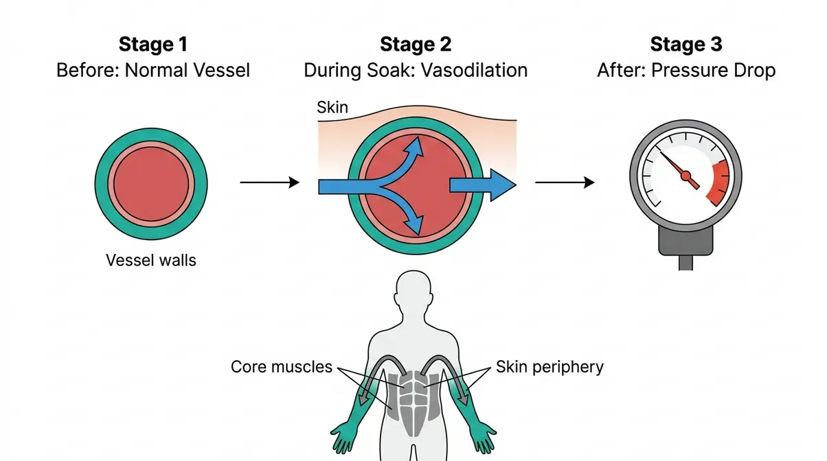 Why Does Body Ache After Hot Tub? 6 Causes & Fixes 4 Diagram showing vasodilation and blood pressure drop during hot tub use causing muscle oxygen deprivation