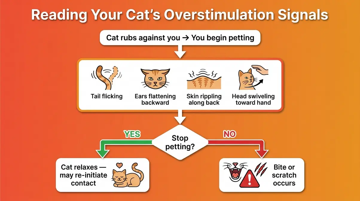 Overstimulation flowchart showing cat warning signals before biting after rubbing against you