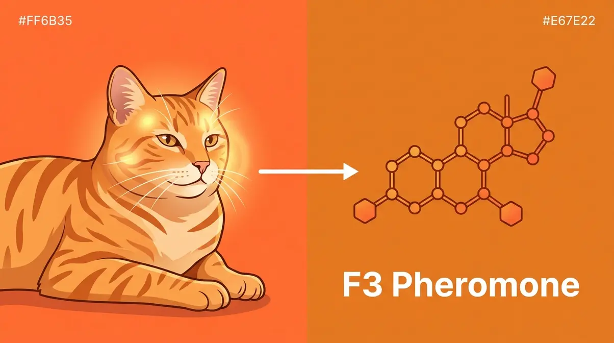 Cat pheromone science illustration showing F3 fraction released during head bunting behavior