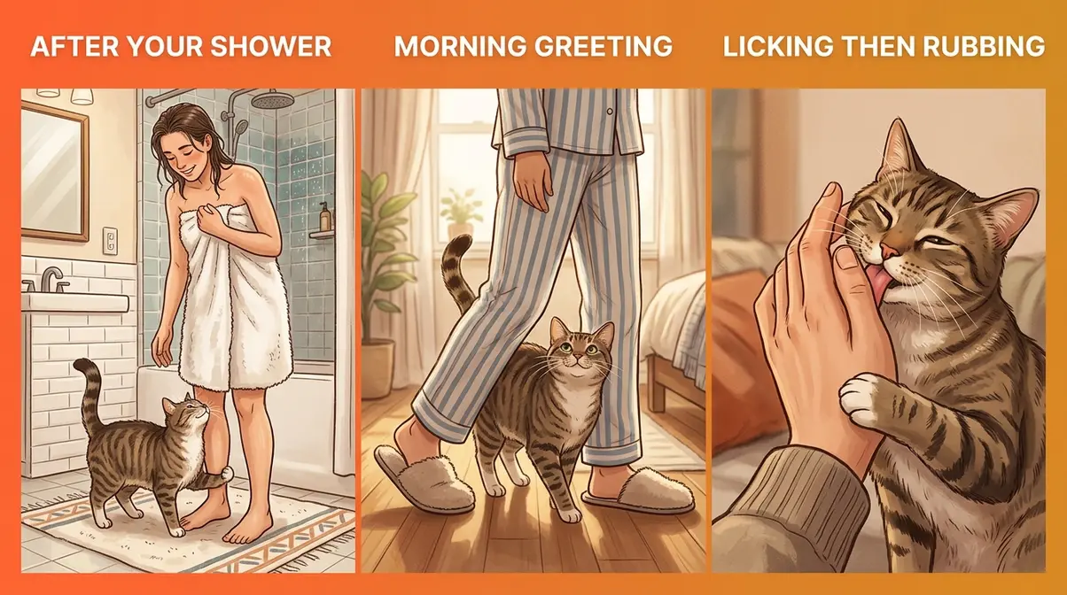 Three cat rubbing situations shown: post-shower, morning greeting, and licking then rubbing sequence