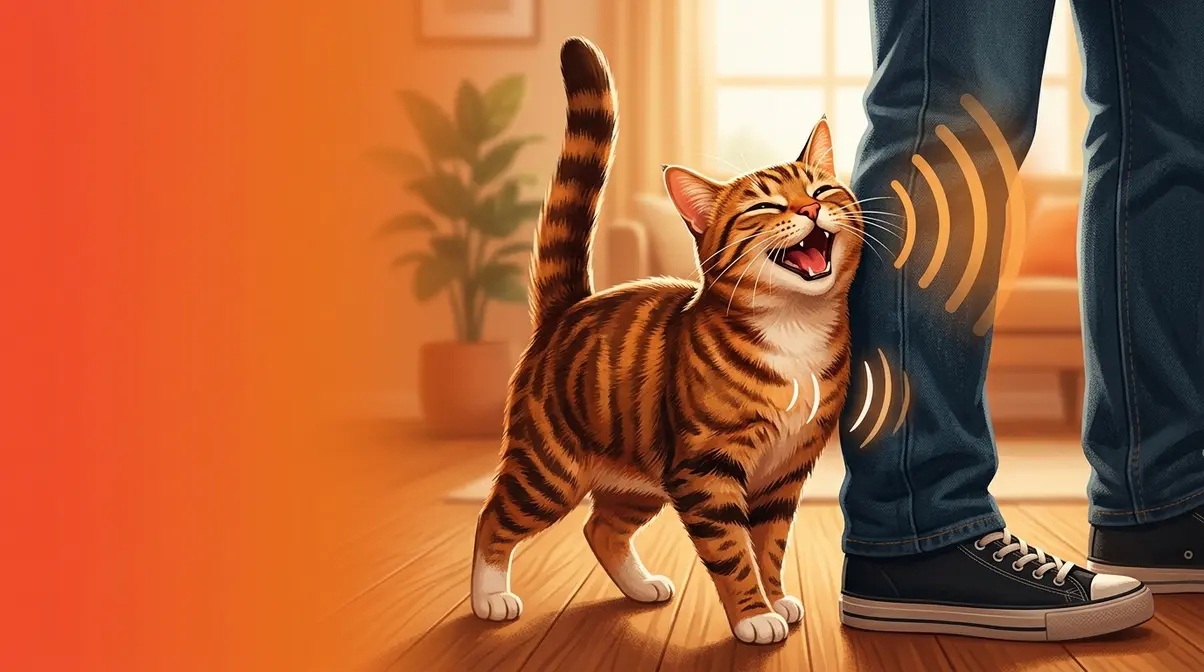 Cat rubbing against human legs while meowing to communicate a need or request