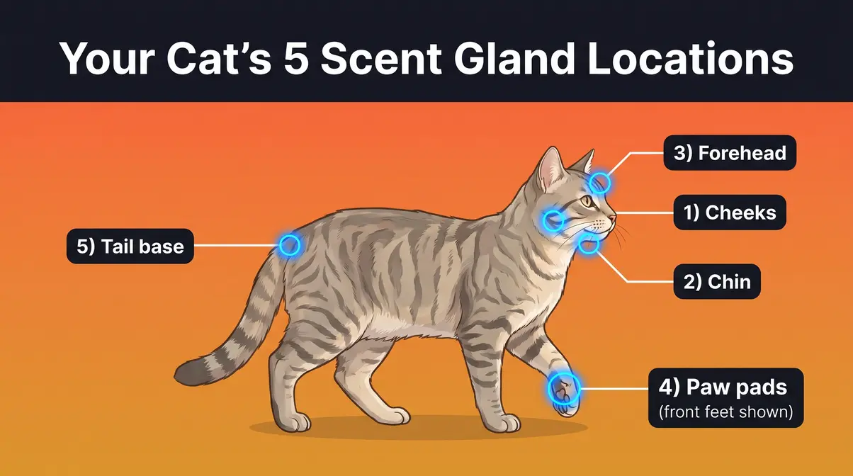 Feline scent gland map showing five locations used when cat rubs against you