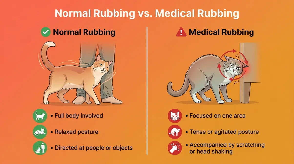 Illustrated guide comparing normal cat rubbing behavior versus medically driven rubbing warning signs