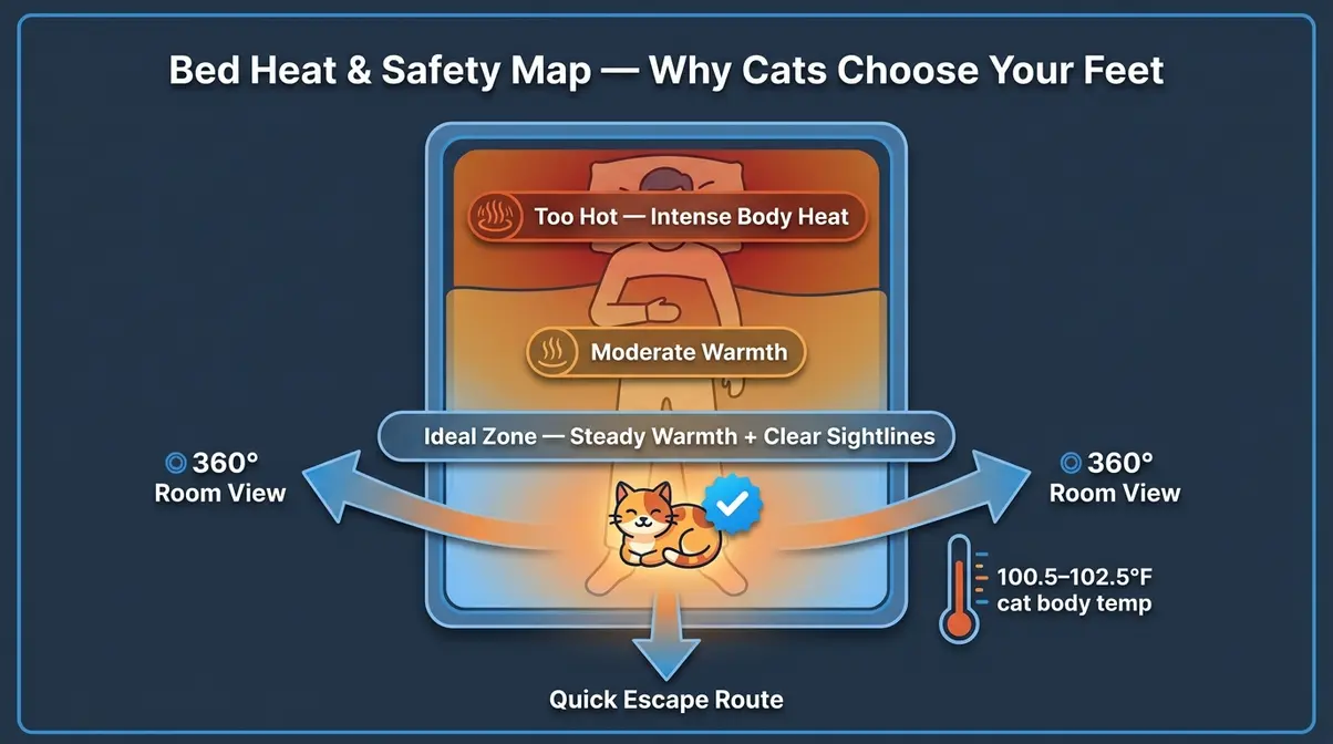 Illustrated bed diagram showing why cats sleep at owner's feet for warmth and 360-degree vigilance