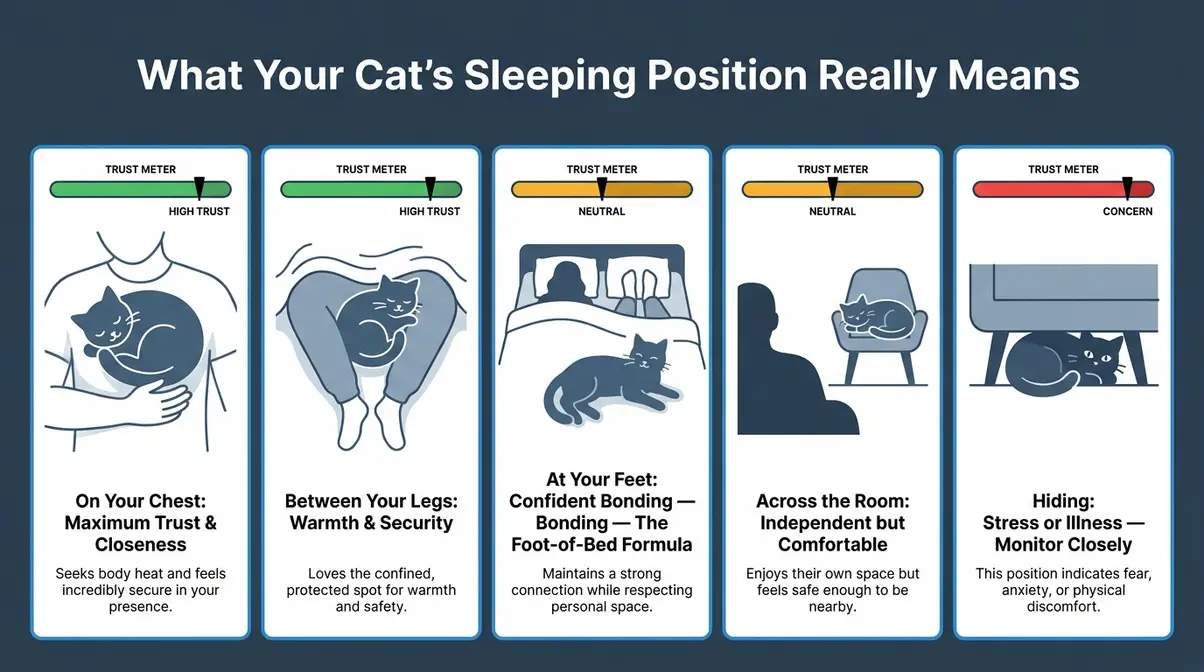 Chart showing five cat sleeping positions and what each one means about mood and trust level