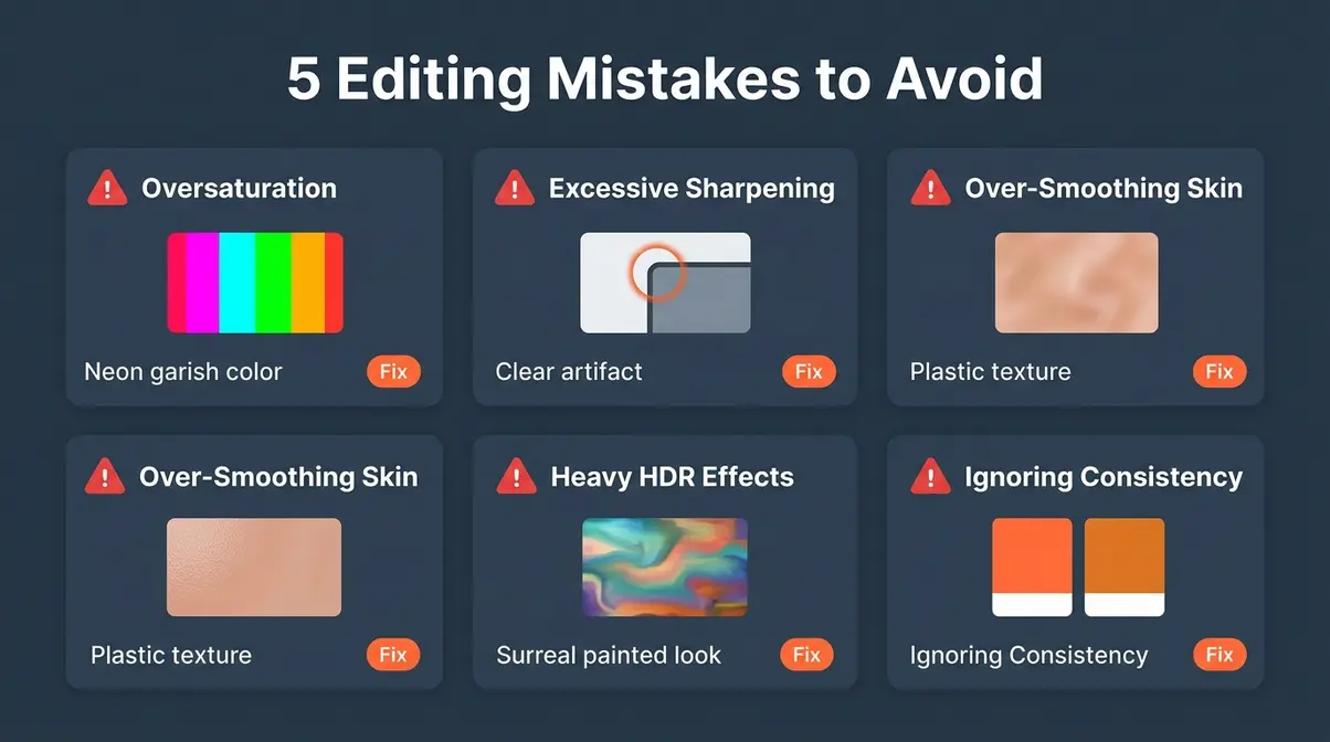 Five common photo editing mistakes beginners make — oversaturation, sharpening, skin smoothing, HDR, and inconsistency
