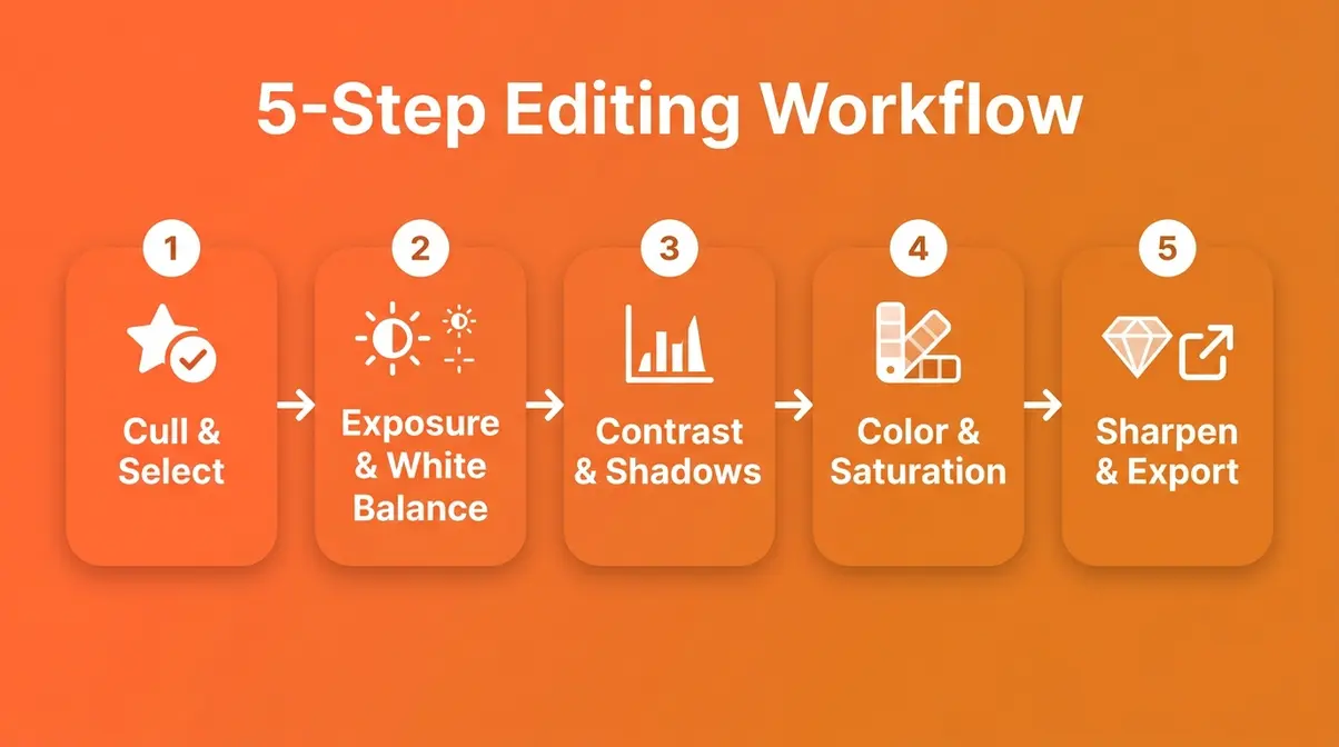 Five-step photo editing workflow diagram for beginners showing cull, exposure, contrast, color, and sharpen steps