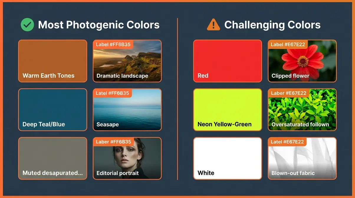 Most photogenic colors in photography compared to difficult colors — earth tones and teals versus bright reds and neon yellows