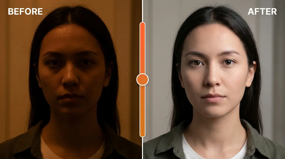 Photo editing correction example showing exposure and white balance fix before and after in portrait photography