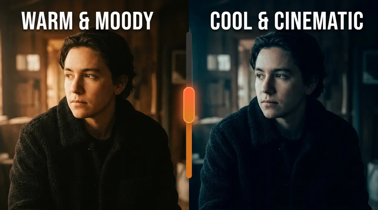 Artistic photo editing style comparison showing personal stamp in post-processing — warm moody versus cool cinematic grade