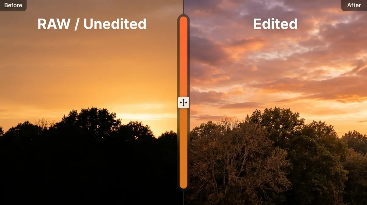 Before and after photo editing example showing why edit photographs closes the sensor gap in a sunset scene