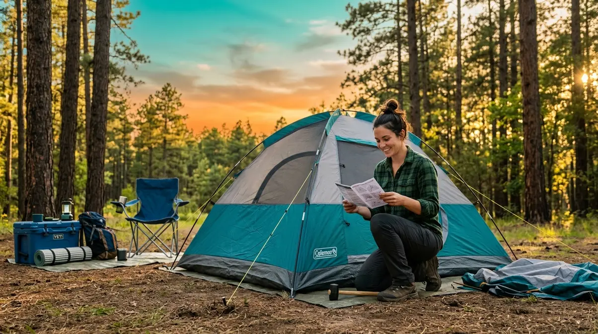 Beginner camper setting up a tent in daylight at a forest campsite following essential first-trip tips