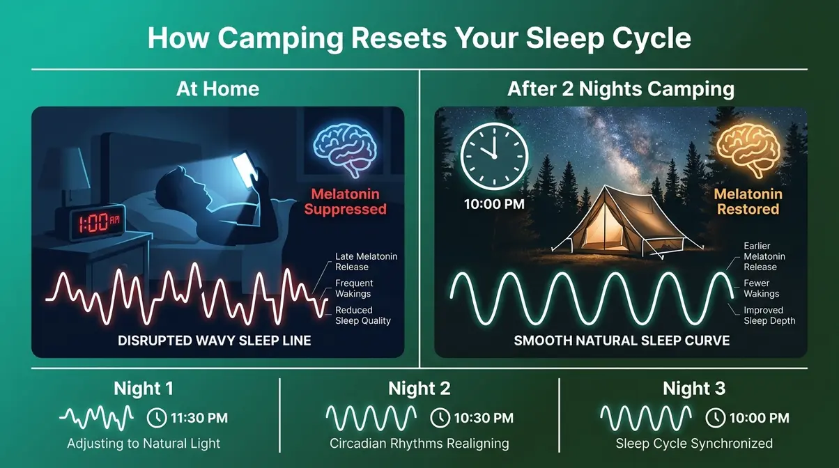 Infographic showing how tent camping resets circadian rhythm and sleep cycle without blue light exposure