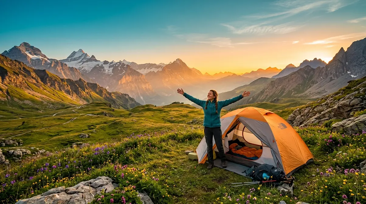 Person standing at tent entrance in an alpine meadow at sunrise experiencing the benefits of tent camping