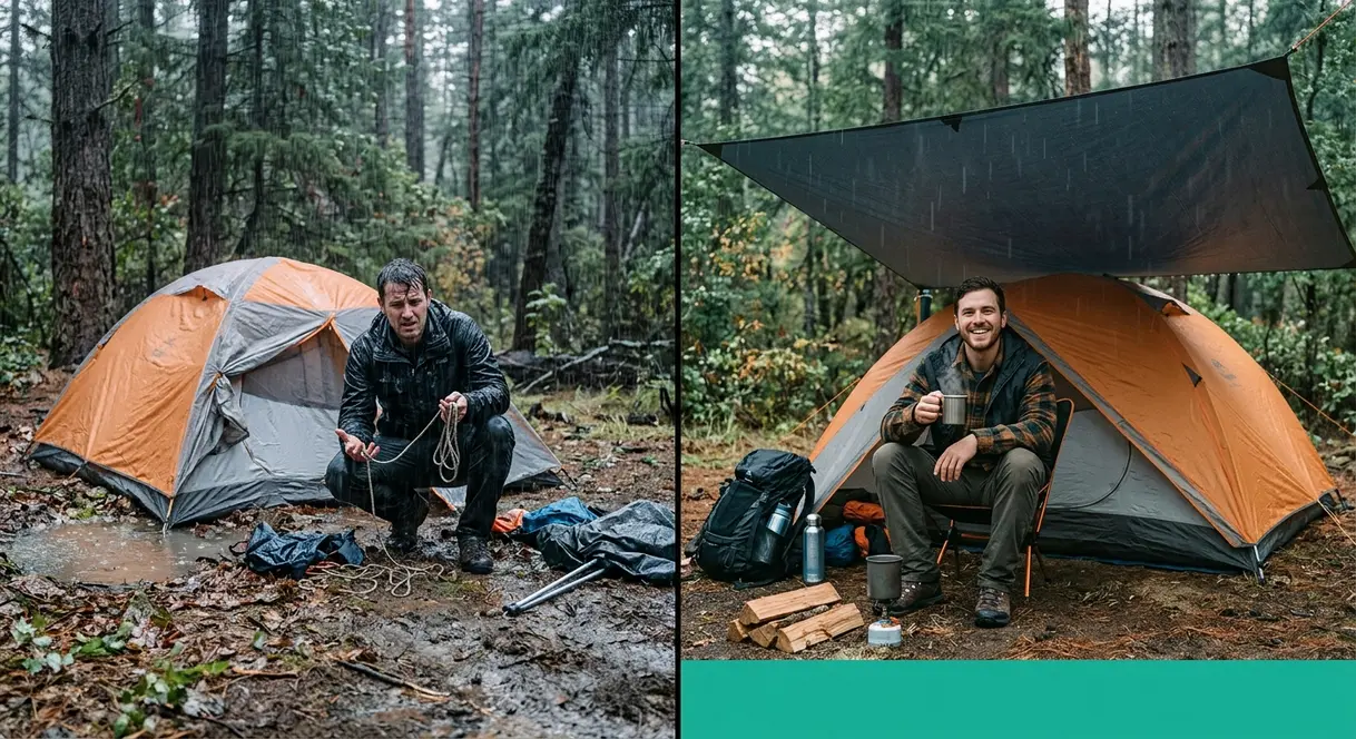 Split image showing tent camping disadvantages like rain and gear problems alongside practical gear-based solutions