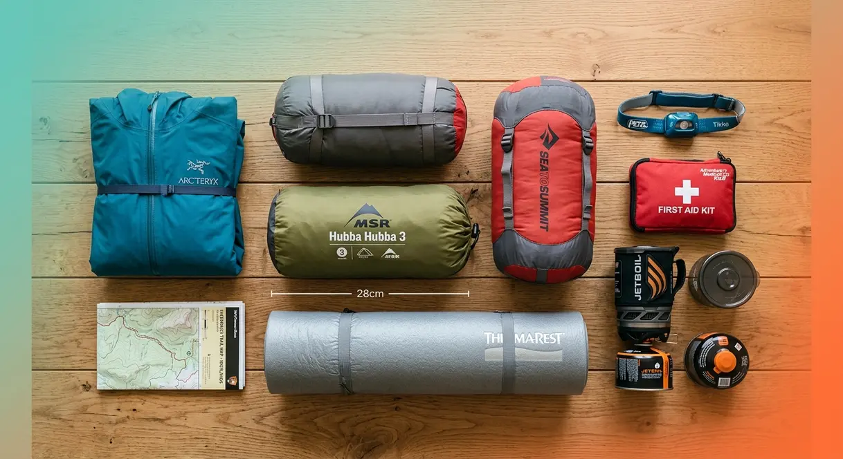 Flat-lay of essential tent camping gear including tent, sleeping bag, sleeping pad, camp stove, and headlamp for beginners