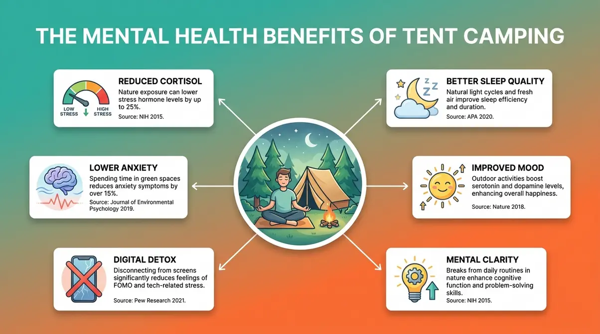 Diagram of mental health benefits of tent camping including stress reduction, better sleep, and lower anxiety