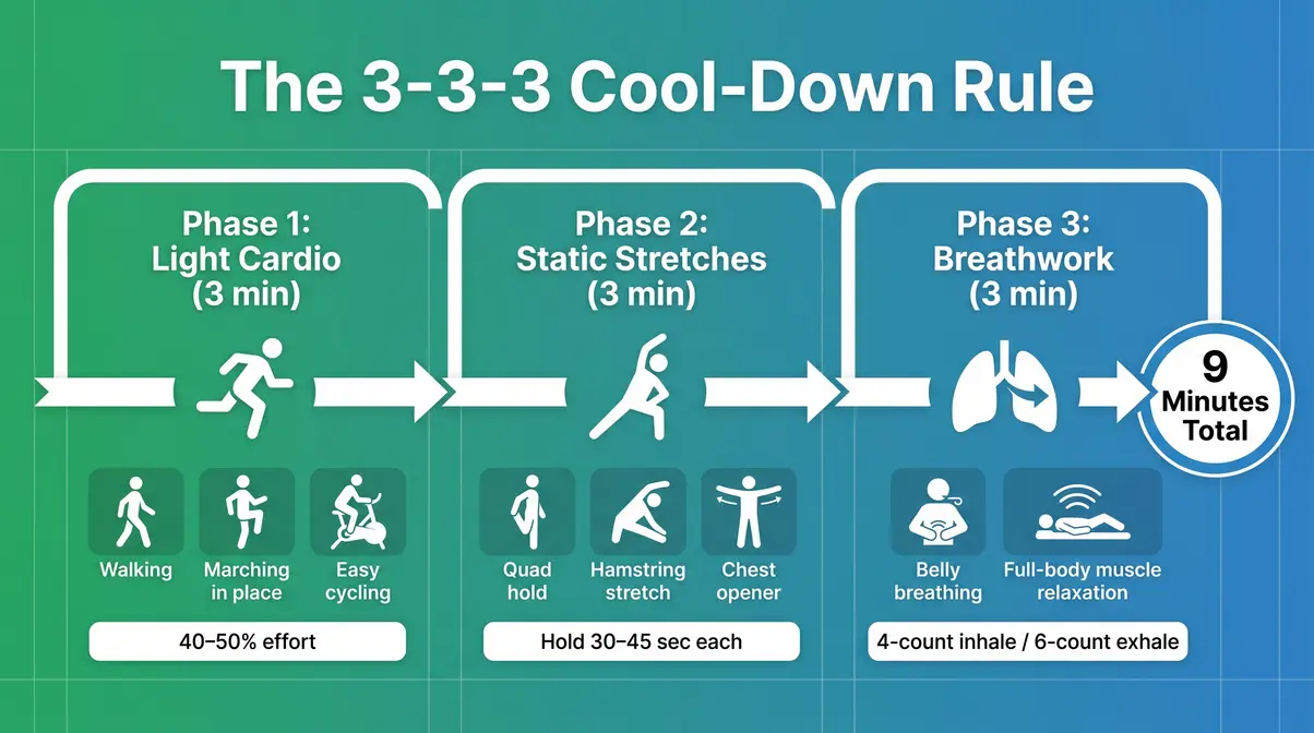 3-3-3 cool-down rule infographic showing three phases of post-exercise recovery protocol