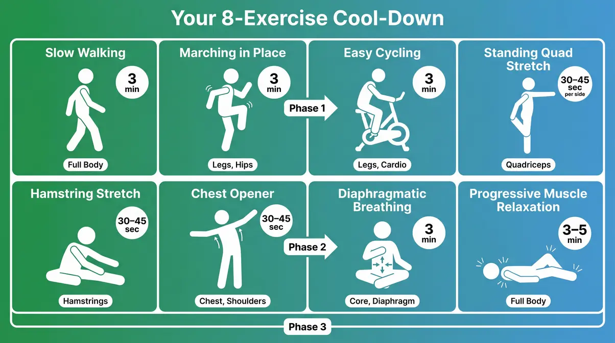 Illustrated guide showing all 8 cool-down exercises with body positions, hold times, and muscle targets