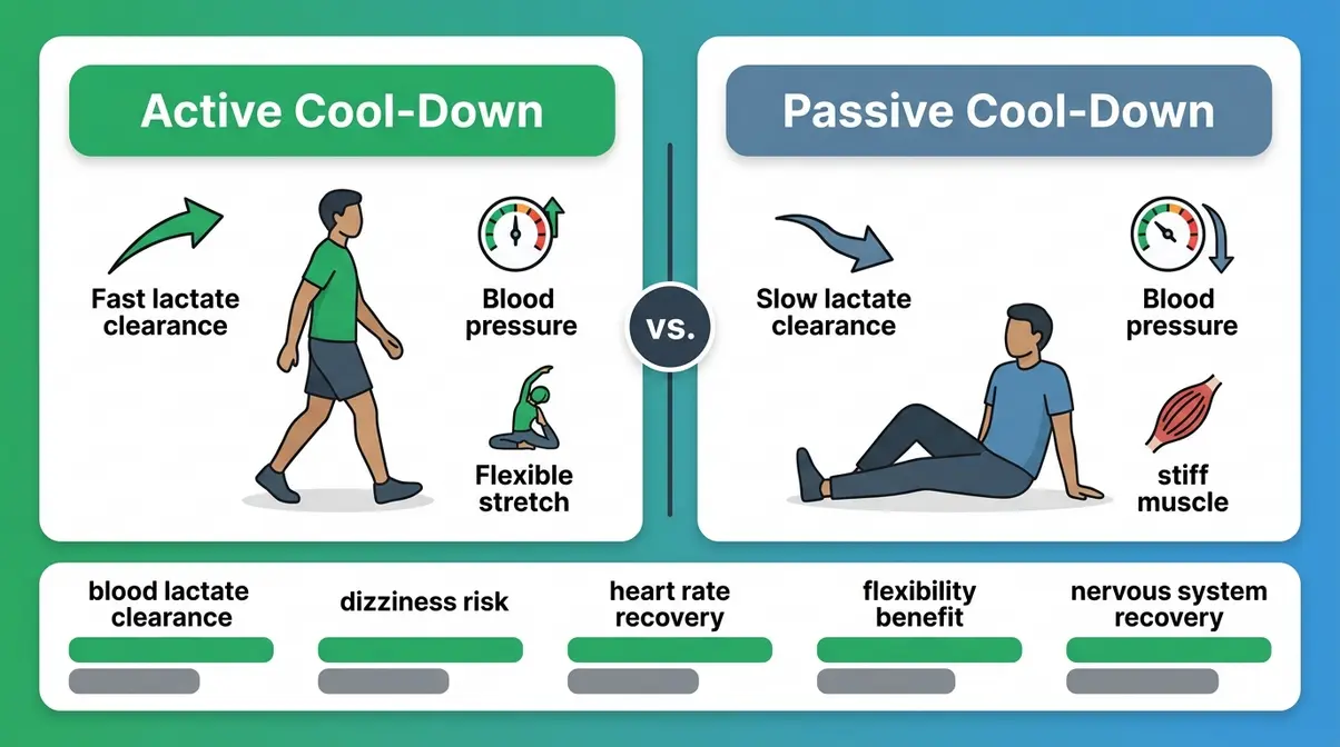 Active versus passive cool-down comparison showing recovery metrics and physiological benefits