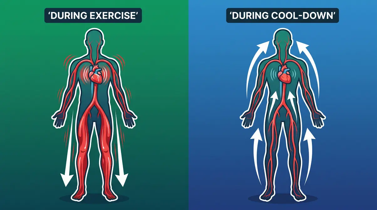 Anatomical diagram comparing blood flow during exercise versus cool-down showing venous return