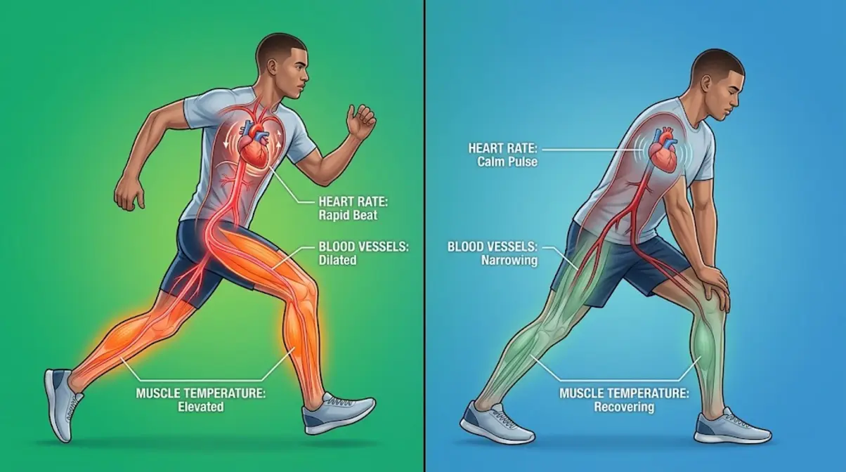 Physiological diagram showing what happens inside the body during exercise versus a cool-down