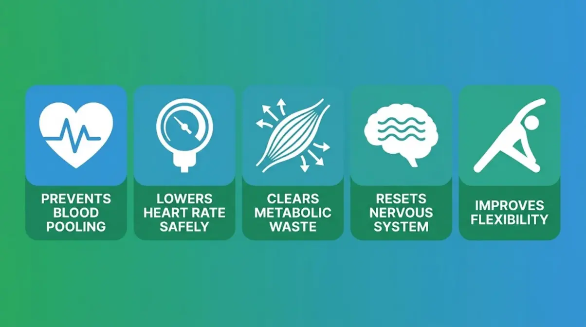Five key benefits of cooling down after exercise shown as illustrated icons with labels