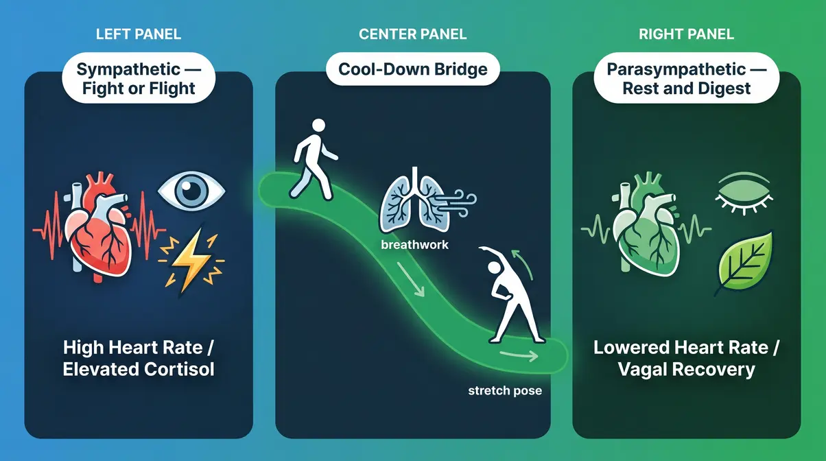 Diagram showing sympathetic versus parasympathetic nervous system recovery during cool-down after exercise