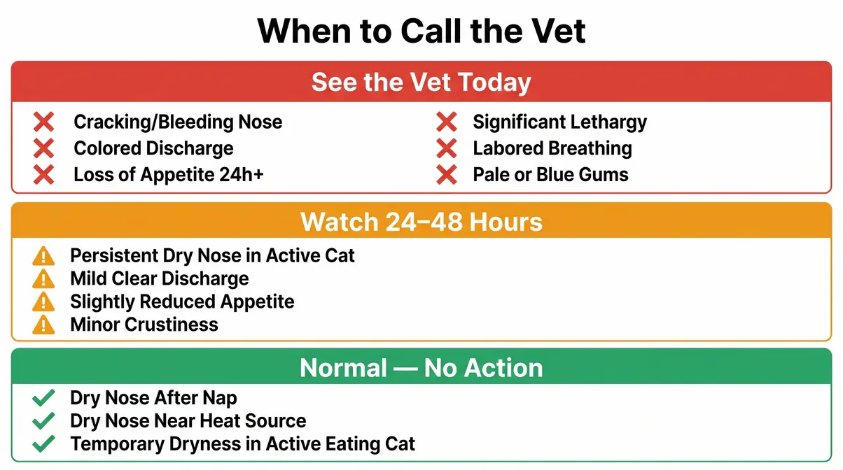When to call the vet for your cat's dry nose — red flag symptom checklist with tiered guidance