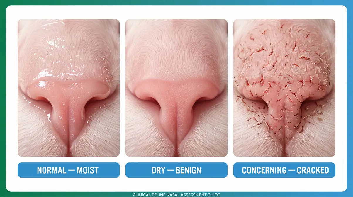 Healthy cat nose compared to a dry cat nose showing normal variation and concerning cracking