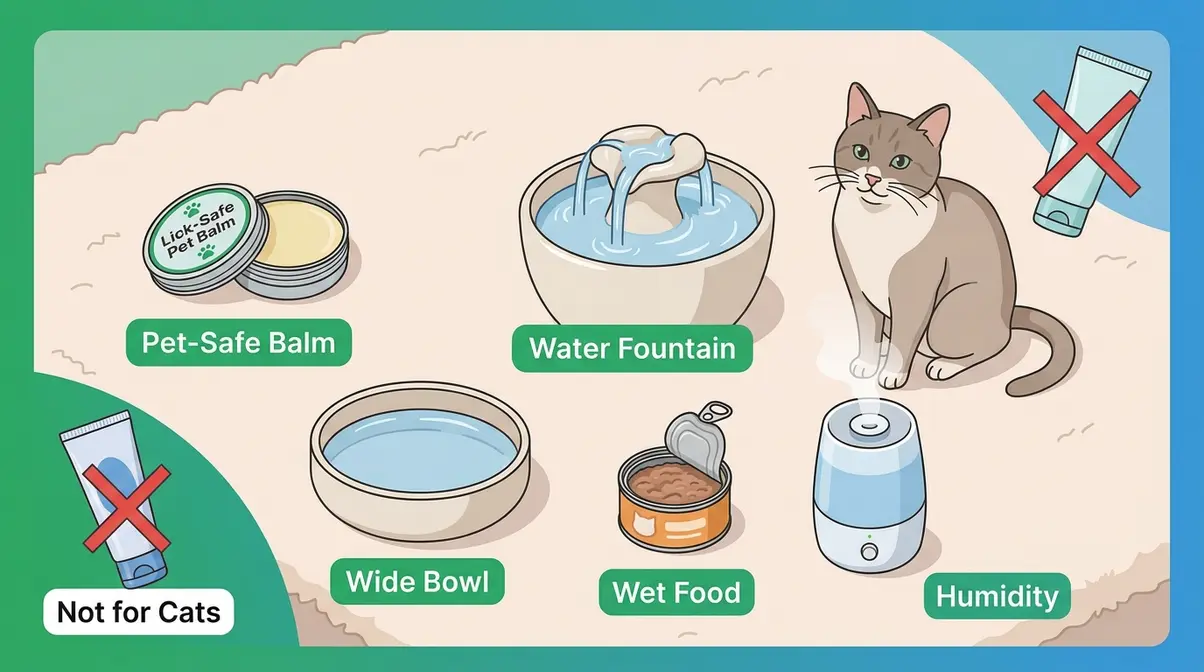 Safe home care items for a cat's dry nose including pet balm, water fountain, and wet food