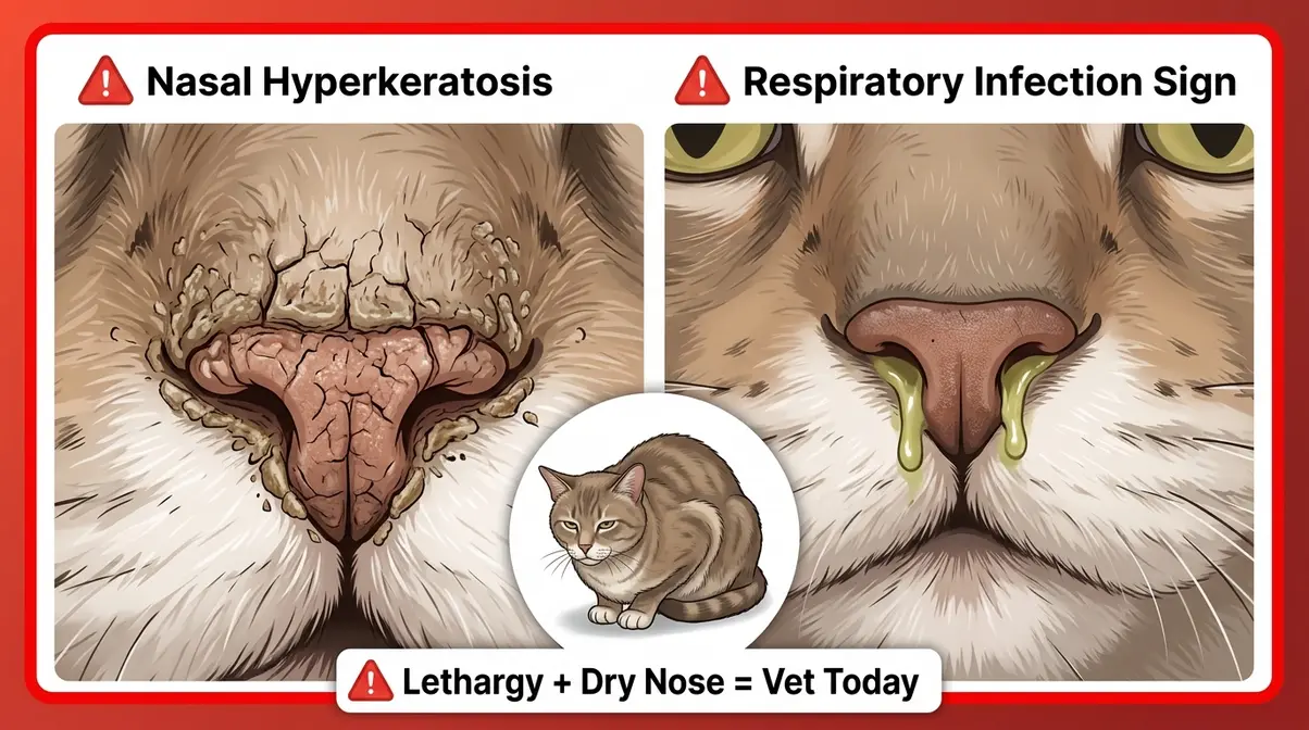 Cat nose warning signs — cracking, colored discharge, and lethargy indicating veterinary concern