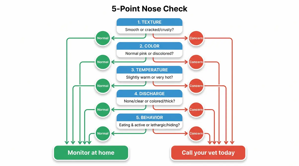 5-Point Nose Check flowchart for diagnosing a dry cat nose — texture, color, temperature, discharge, behavior