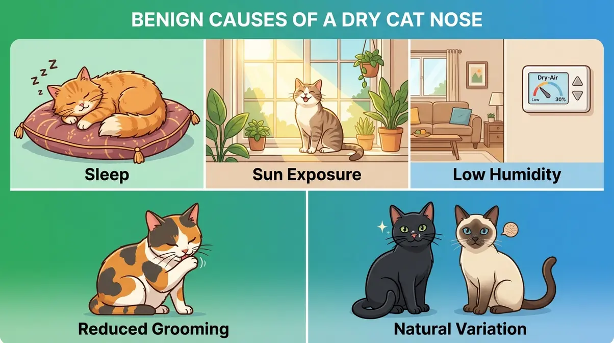 Five normal reasons for a dry cat nose including sleep, sun exposure, and low indoor humidity