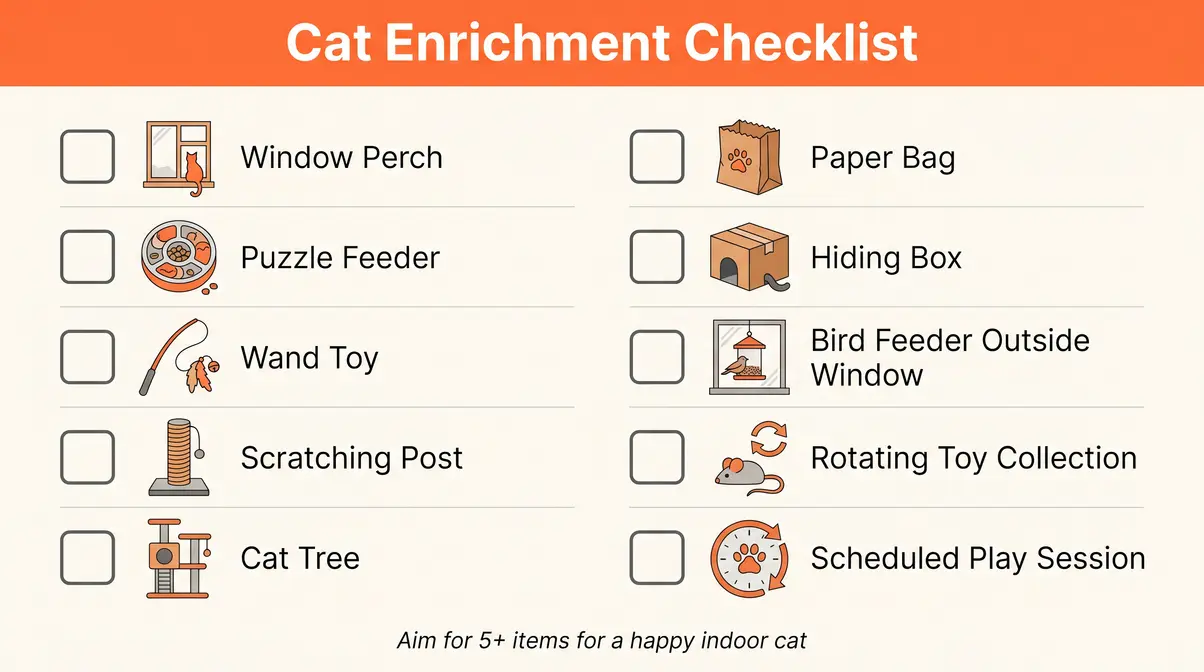 Cat enrichment checklist with ten items to reduce boredom-driven excessive meowing