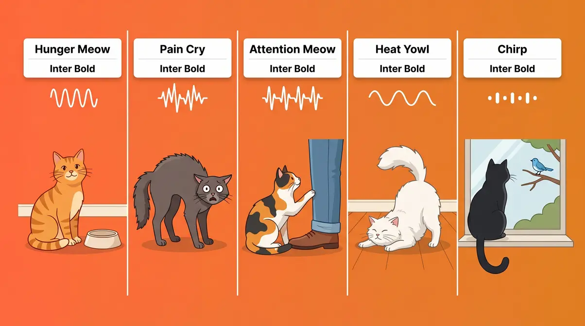 Why is my cat meowing so much — illustrated guide to five cat meow types and their meanings