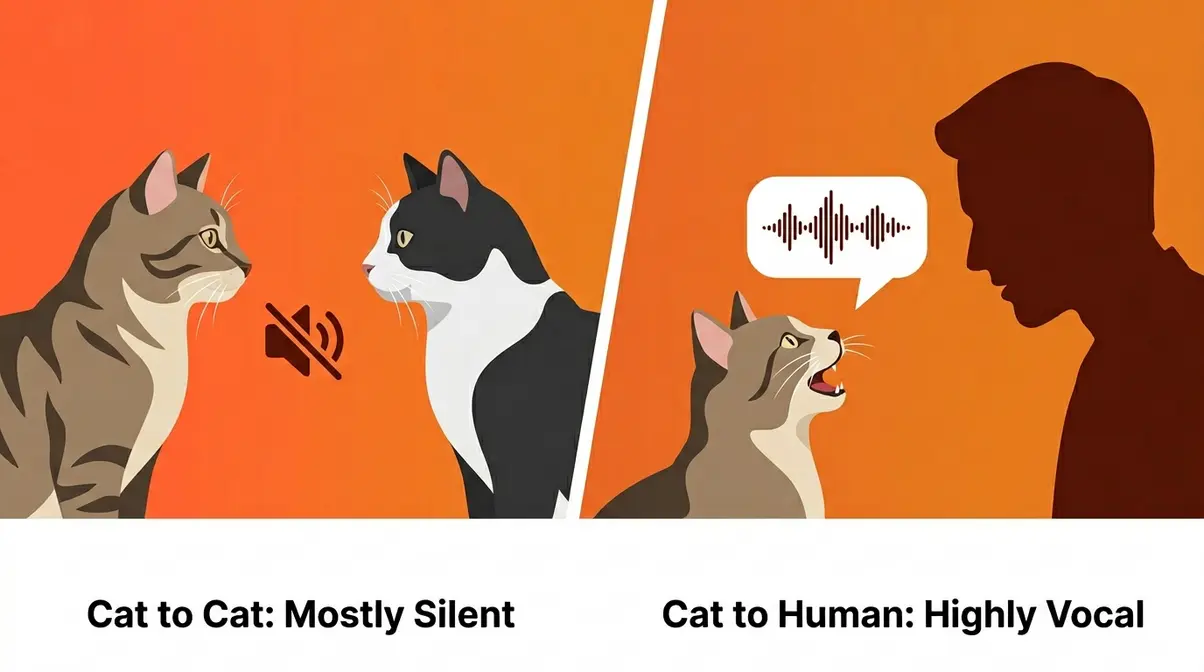 Illustration showing cats rarely meow at each other but vocalize extensively to communicate with humans