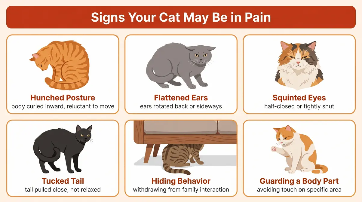 Cat body language signs of pain illustrated guide showing six physical indicators of feline discomfort