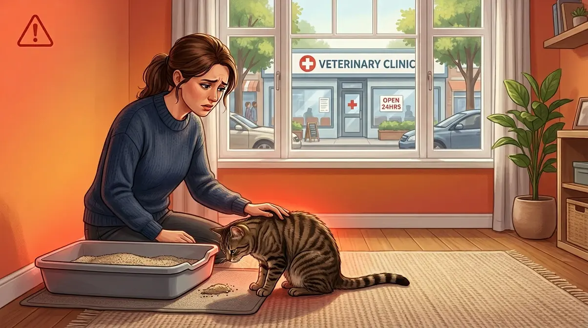 Cat owner concerned about cat near litter box — signs of pain and illness requiring vet attention