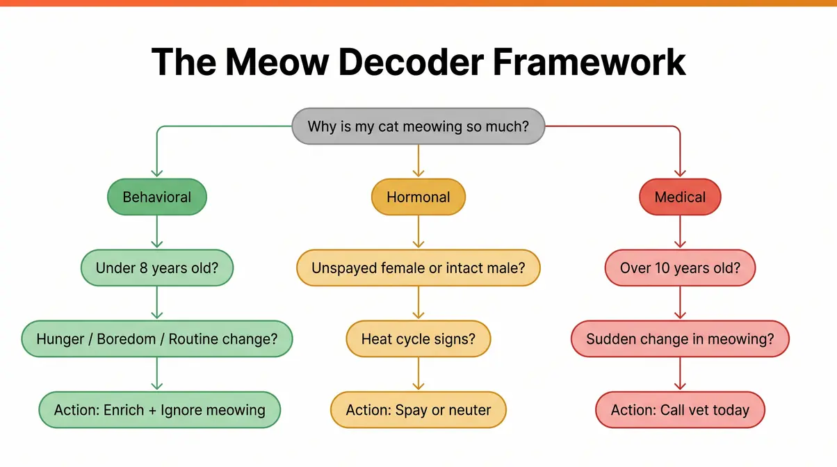 Meow Decoder Framework decision tree flowchart for diagnosing cat excessive meowing causes