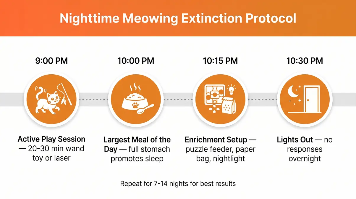 Nighttime meowing extinction protocol illustrated schedule showing four steps from 9pm to 10:30pm