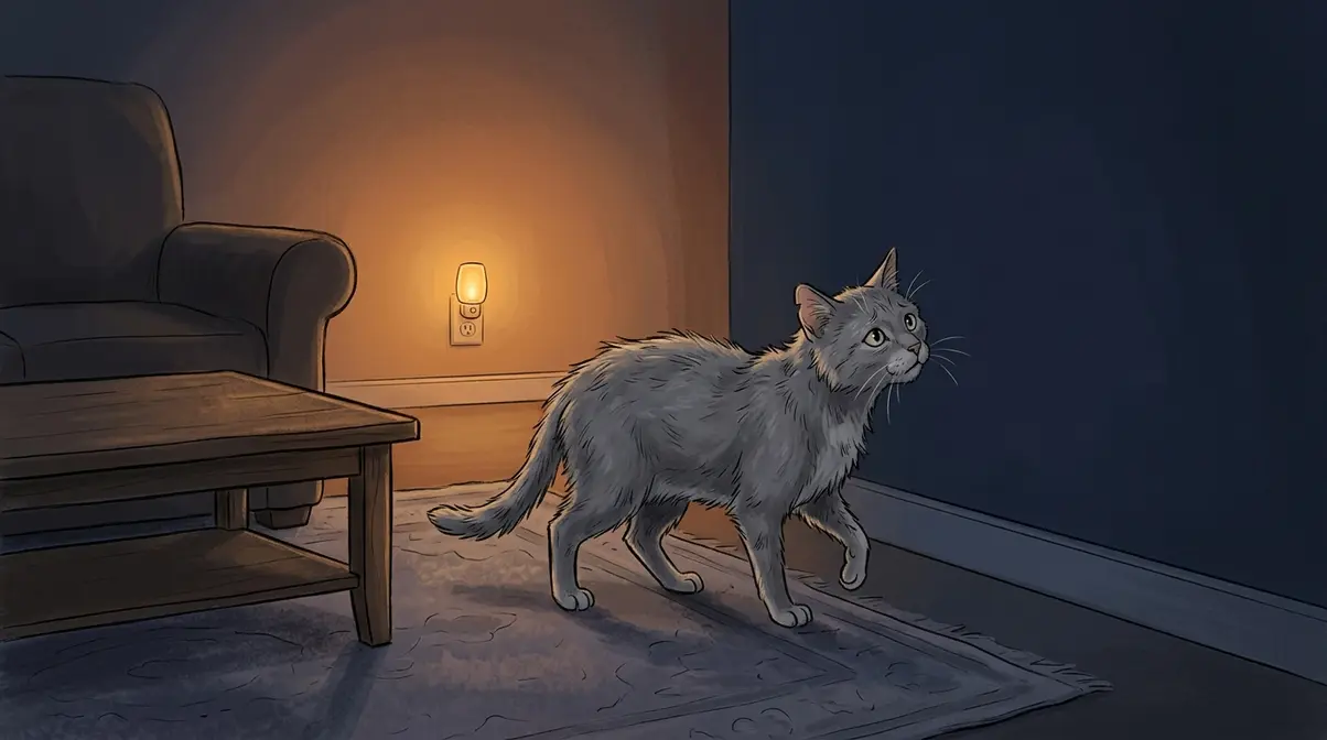 Senior cat wandering at night showing signs of feline cognitive dysfunction and disorientation