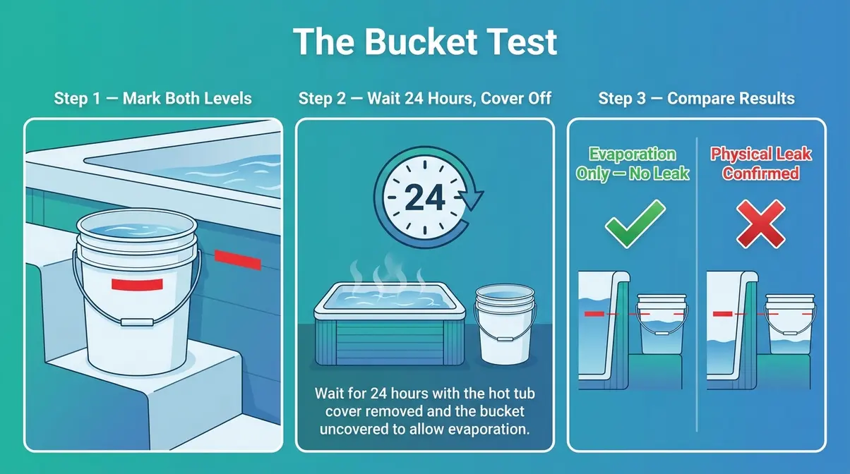 Why Is My Hot Tub Losing Water? Causes & Fixes 6 Hot tub bucket test infographic showing how to detect a leak versus normal evaporation step by step