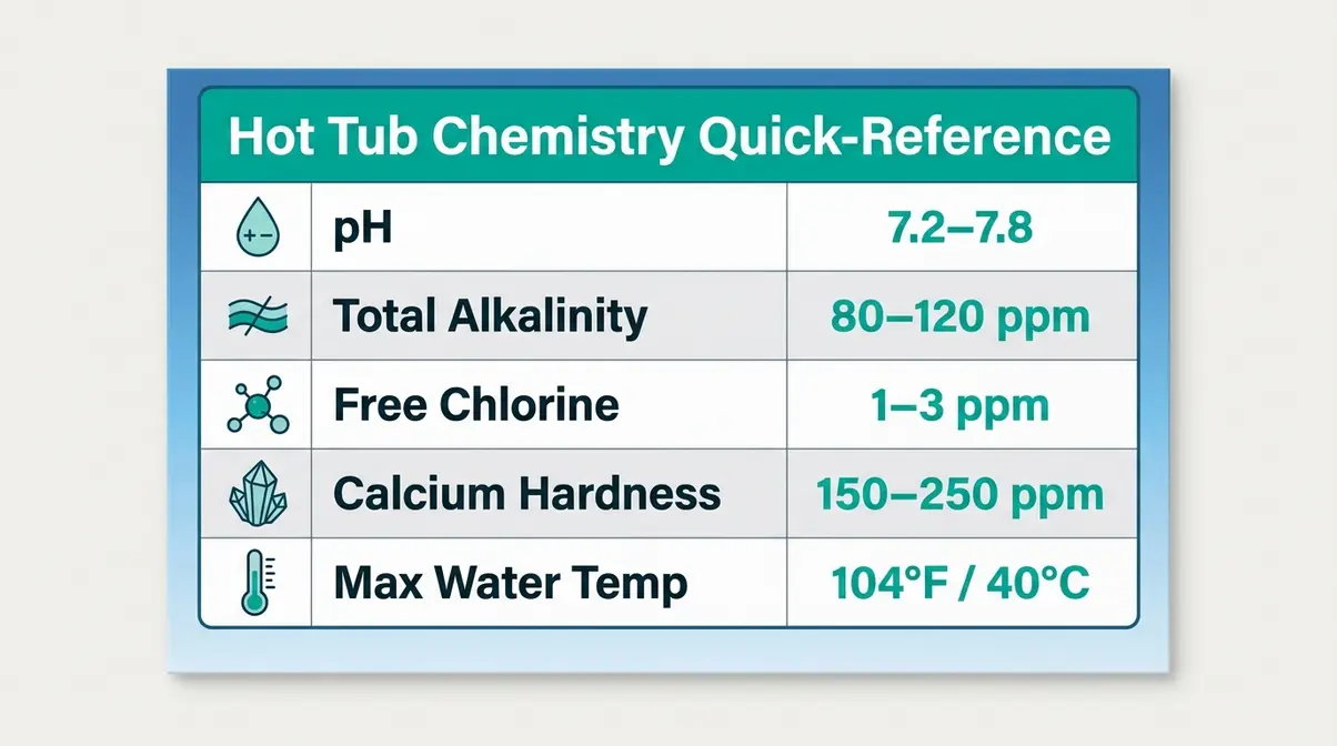 Why Is My Hot Tub Losing Water? Causes & Fixes 9 Hot tub water chemistry cheat sheet showing ideal pH, alkalinity, chlorine, and calcium hardness levels