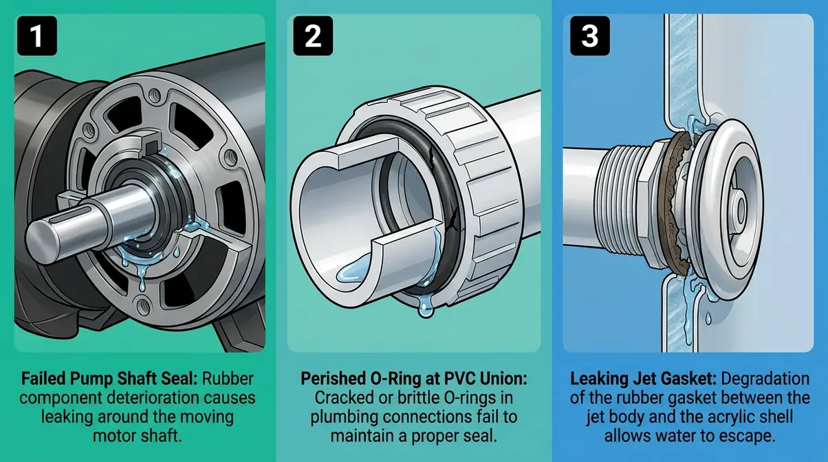 Why Is My Hot Tub Losing Water? Causes & Fixes 2 Illustration of three common hot tub leak sources including pump shaft seal, union fitting, and jet gasket