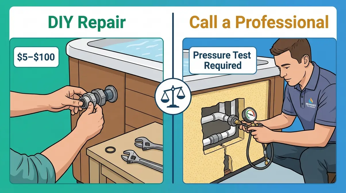 Why Is My Hot Tub Losing Water? Causes & Fixes 10 Comparison illustration of DIY hot tub repair versus calling a professional technician with pressure test equipment