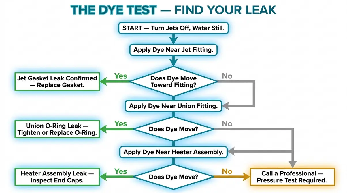 Why Is My Hot Tub Losing Water? Causes & Fixes 7 Hot tub dye test flowchart for finding hidden leaks at jets, union fittings, and heater assembly