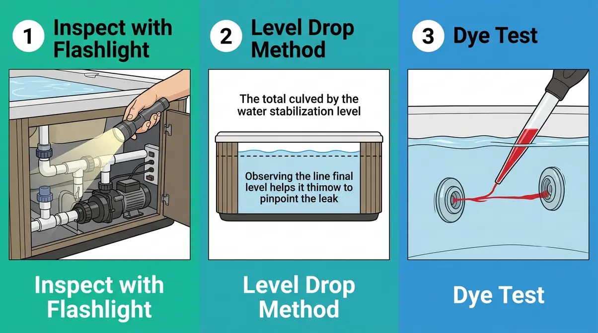 Why Is My Hot Tub Losing Water? Causes & Fixes 5 Three-step hot tub hidden leak diagnostic process showing flashlight inspection, level drop method, and dye test